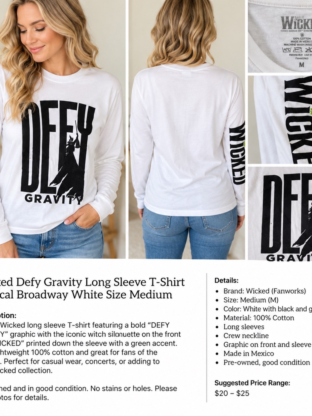Wicked Defy Gravity Long Sleeve Graphic T-Shirt White Size Medium